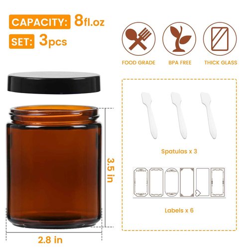 3 Pack 8 oz Amber Glass Jars with lids, Cosmetic Jars with Black Lids, Glass Lotion Containers, Candle Making containers for Lotions, Scrubs and Cosmetic, Lables and Spatulas Include