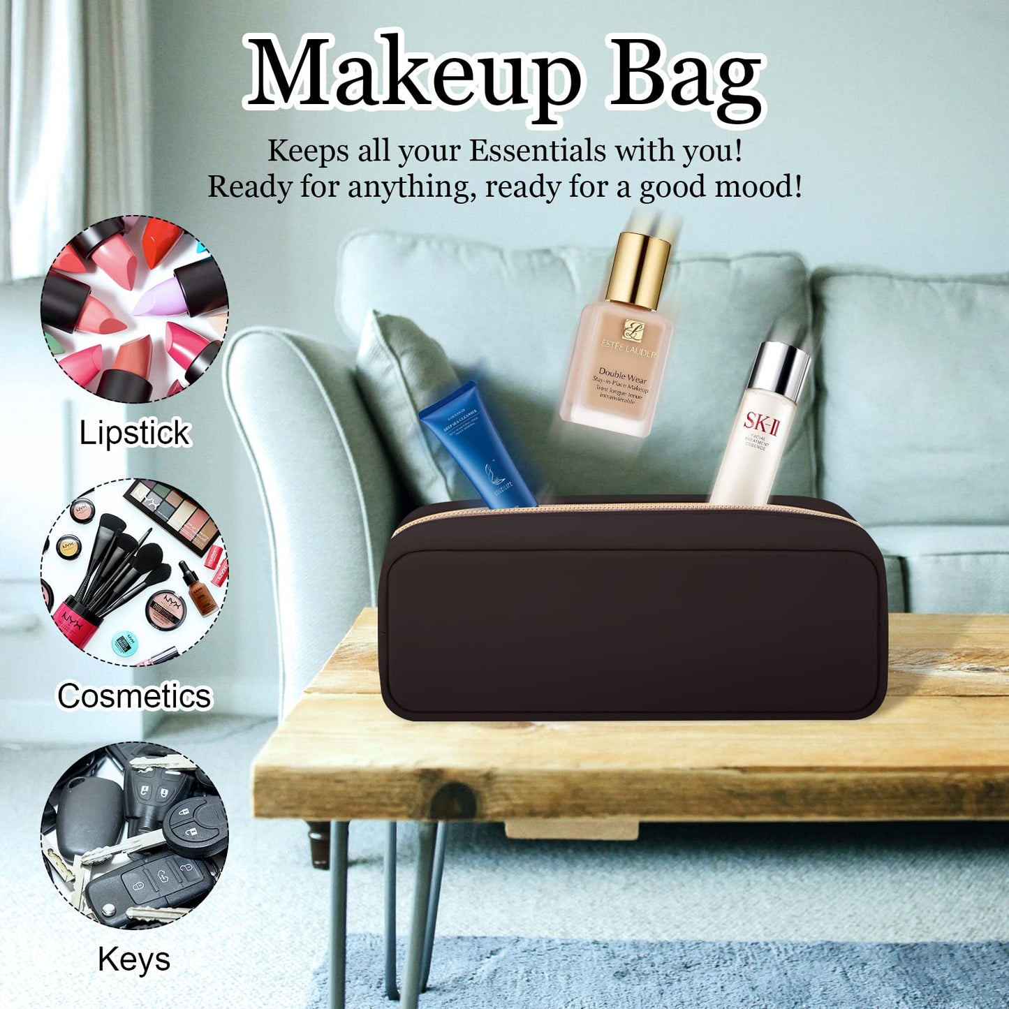 Nylon Makeup Bag for Purse, Cute Preppy Makeup Bag Cosmetic Zipper Pouch Purse Organizer Bag for Women Girls, Waterproof Nylon Coin Pouch Sanitary Napkin Storage Bag for School Work(Brown-Small)