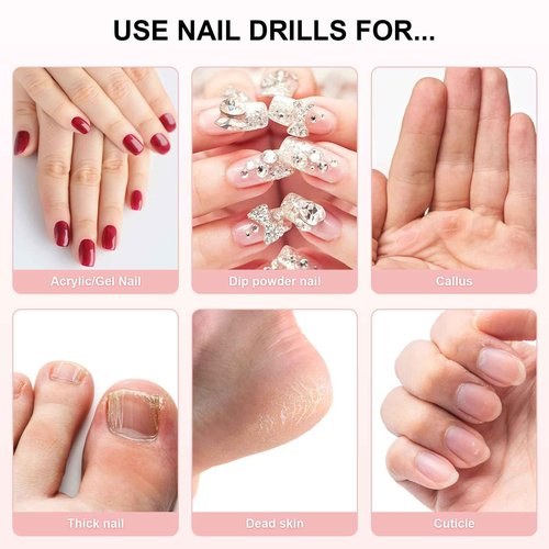 Nail Drill, Cordless Electric Nail Drill Machine for Acrylic Nail, Rechargeable Portable with Max 20000 RPM, 12 in 1 Kit Electric Nail File Efile Present for Beginner and Professional (Pink)