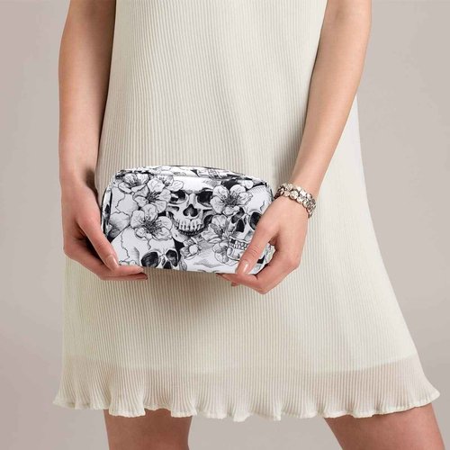 ZOEO Makeup Pouch Sugar Skull Mexican Floral Halloween Mini Makeup Bag Organizer Travel Zip Toiletry Bag Small Cosmetic Train Case Beauty Bag for Teens Girls Women Black White