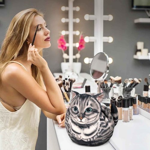 GKIOYRO Drawstring Makeup Bag, Cute Cat Travel Makeup Bag Gifts for Women, Large Cosmetic Bag for Women, Travel Toiletry Bag (Gray Cat)