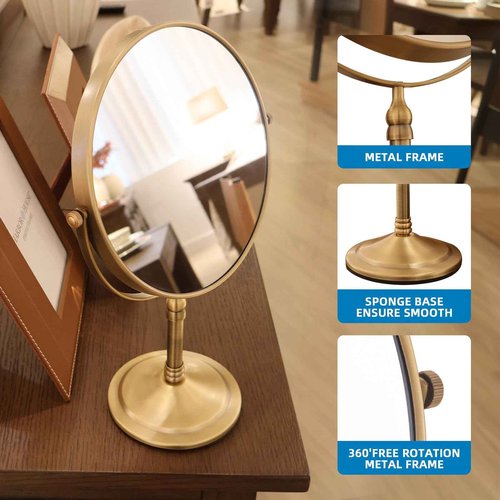 Gecious Antique Brass Makeup Mirror 1X/10X Free Standing 8 Inches 360 Swivel Dual-Sided Tabletop Makeup Mirror, Metal