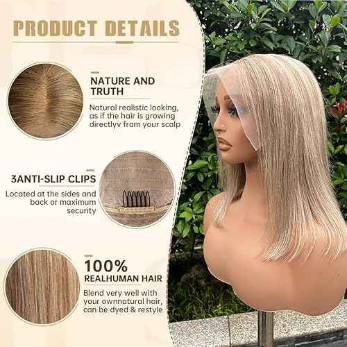 8T860 Brown Highlights Bob Wigs Human Hair for White Women Ombre #8 Brown to 60# Platinum Blonde 13x6 Straight Bob Lace Front Wig Human Hair 14 Inch Pre Plucked Pre Cut Wear and Go Glueless Wigs