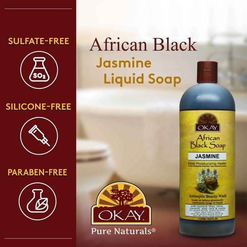 OKAY African Black Soap Liquid with Jasmine For Cleansing&Treating Skin Conditions Helps Achieve Beautiful,Healthier Looking Skin Sulfate,Silicone,Paraben Free For All Skin Types Made in USA 33oz