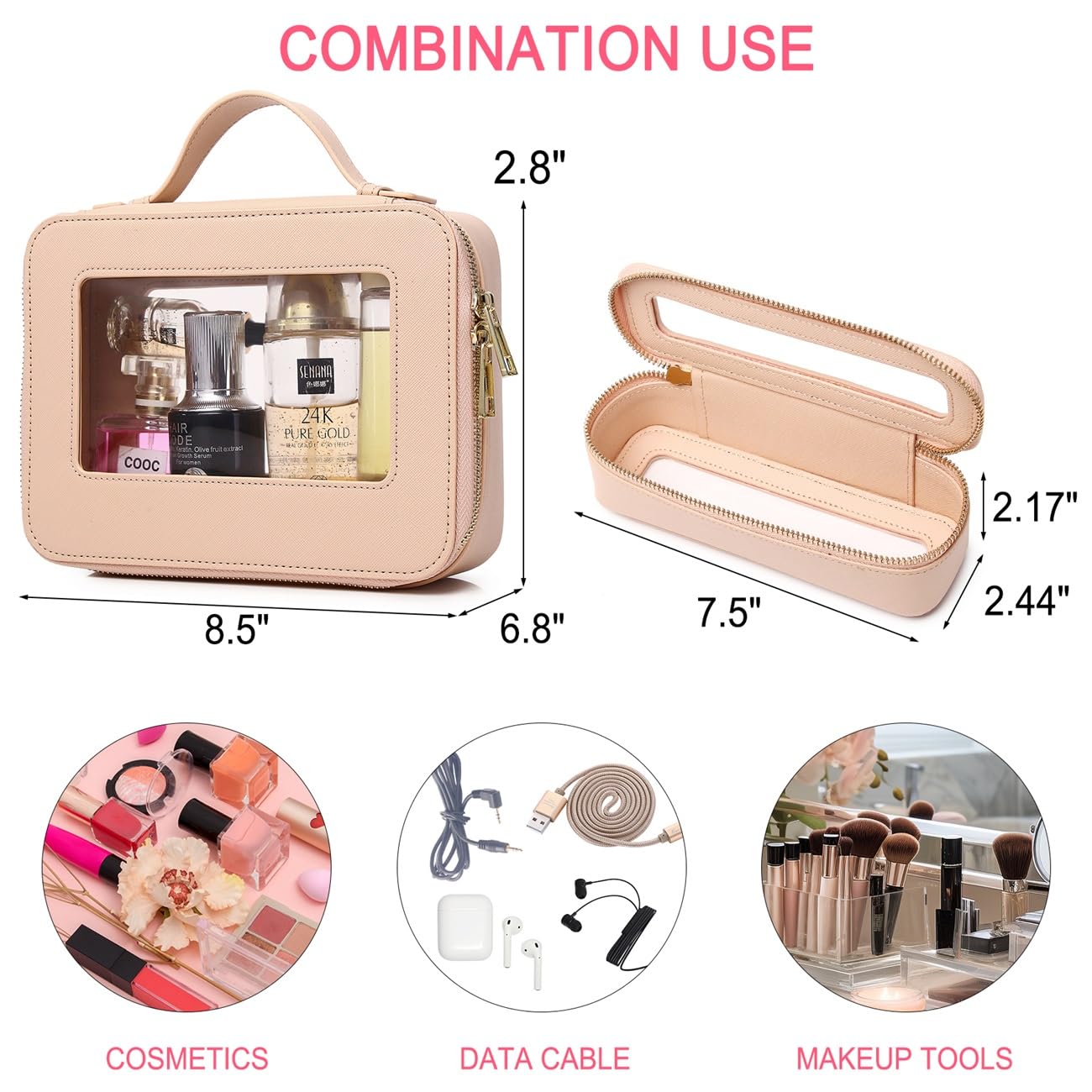 Pinkmik Clear Makeup Bag Portable Brush Bag transparent Travel Cosmetic Case Clear Toiletry Makeup Bag with Zipper for Women (B/Beige, slim)