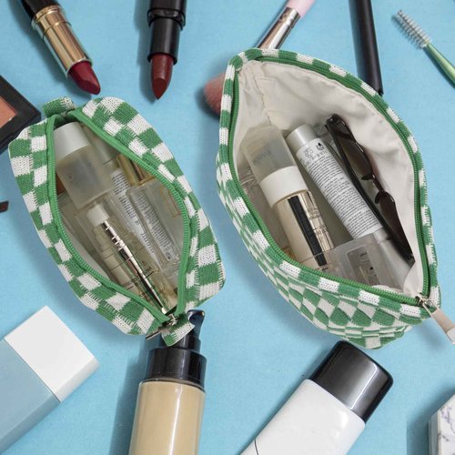 Makeup Bags Checkered Cosmetic Bag- 3PCS Travel Toiletry Bag Aesthetic Portable Accessories Pouch Preppy Pencil Checkered Pencil Pouch Case Cute Brushes Storage Bag for Women - Green