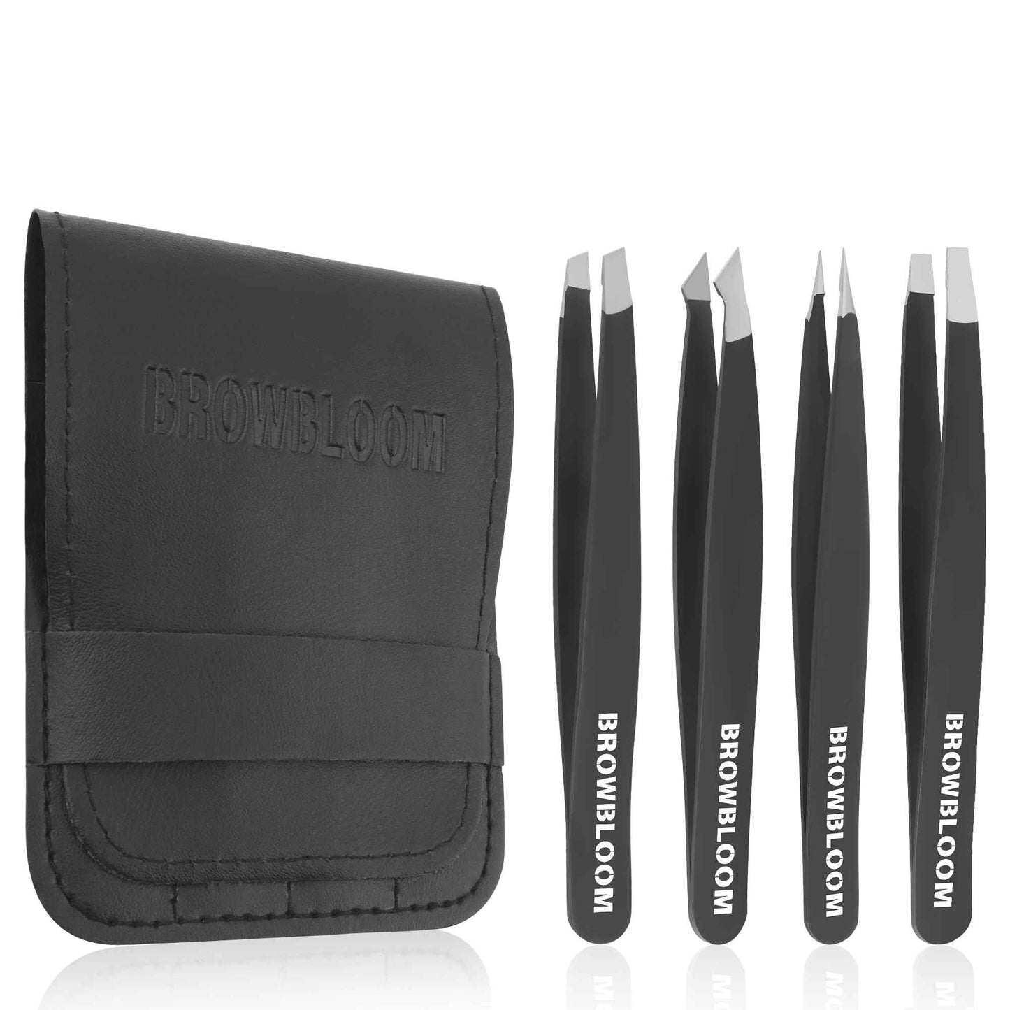 BROWBLOOM 4Piece Set of Professional Tweezers for Women Facial Hair, Black Stainless Steel Precision Tweezer for Ingrown Hair, Eyebrow Tweezers for Men Comes in Carrying Pouch (Black Set)