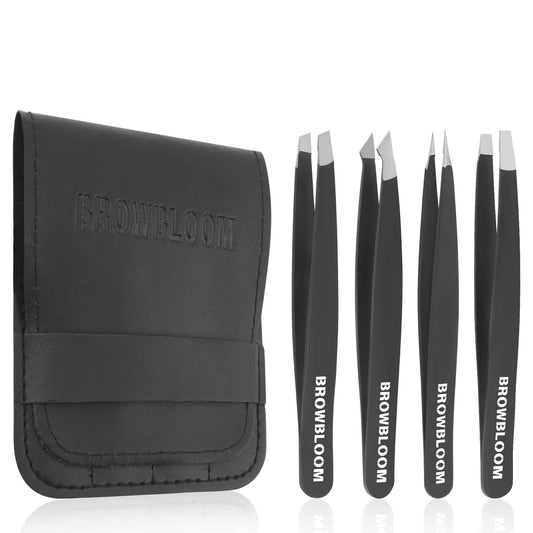 BROWBLOOM 4Piece Set of Professional Tweezers for Women Facial Hair, Black Stainless Steel Precision Tweezer for Ingrown Hair, Eyebrow Tweezers for Men Comes in Carrying Pouch (Black Set)