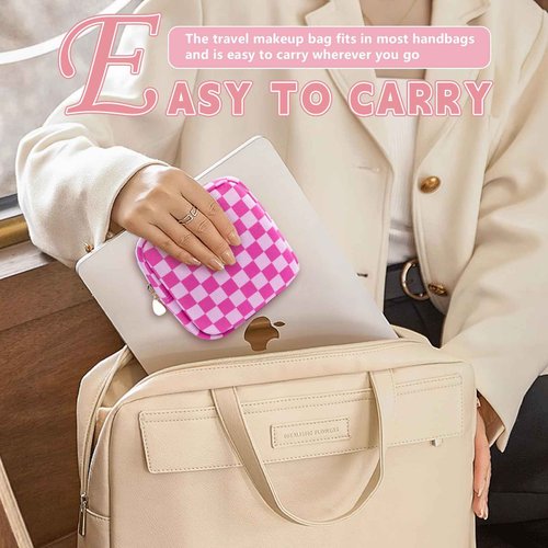 Desing Wish 5.1'' x 5.1'' Small Makeup Bag for Purse Flocked Material Mini Travel Makeup Bag with Two Inner Pockets Portable Cute Cosmetic Bags for Women (Black-White Checker)