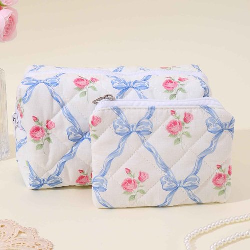 LYDZTION Cute Quilted Coquette Bow Cotton Makeup Bag with Purse Pouch - Aesthetic Stuff Travel Essentials Storage Bag for Lipstick Brushes, Blue