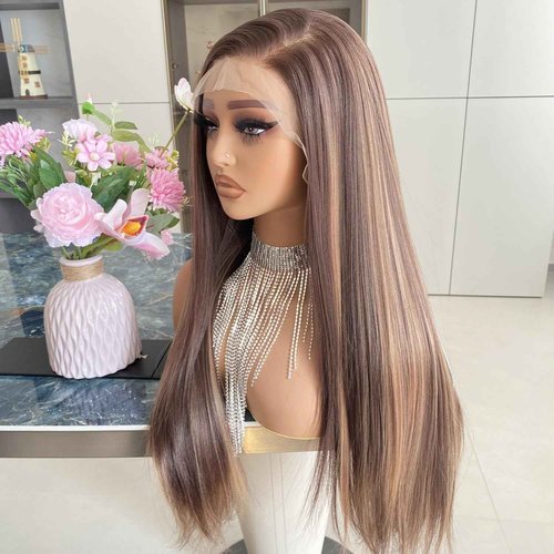 Carkira Long Brown Wig with Blonde Highlight 13x6 Lace Front Wigs Ombre Dark Root Silk Straight Synthetic Fiber 24Inch Pre Plucked for Women Girls