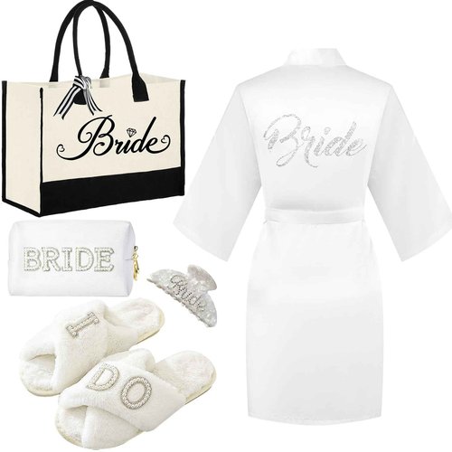 Tkifoda Bride to Be Gifts, Bridal Shower Gifts, Wedding Gift, Bride Tote Bag Makeup Bag Robe Slippers Hair Clip I Do Slippers Wedding Robe Cosmetic Bag