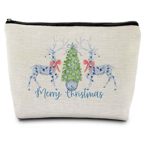 ignytiger Blue Chinoiserie Christmas Deer Reindeer Makeup Bag, Chinoiserie Decor Christmas Gifts Cosmetic Bags for Women, Grandmillennial Bow Xmas Holiday Makeup Bag Gifts Zipper Pouches for Purse