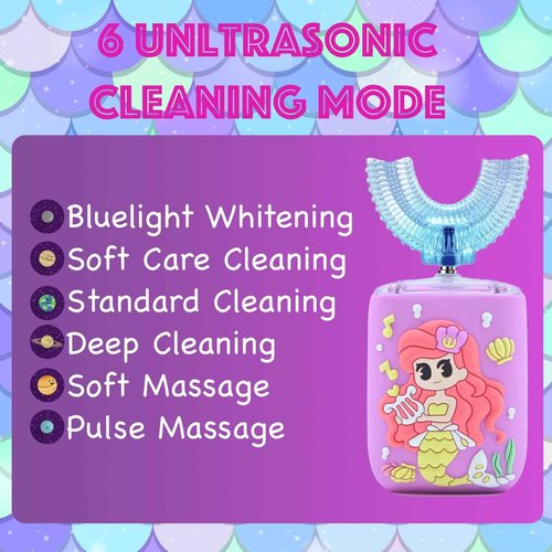 Geacker Kids Electric Toothbrush, U Shaped Toothbrush Kids Sonic Automatic Brush with 5 Brush Head 6 Sonic Clean Modes IPX7 Waterproof Mermaid Design Rechargeable Smart Timer for Children 2-7