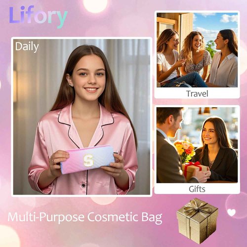 2-Pack Quilted Makeup Bag Set – Cute Cosmetic Pouch for Travel, Toiletries, Purse & Organizer – Large Small Zipper Makeup Bags, Personalized Initial Gift for Women, Teens, Girls, Pink M