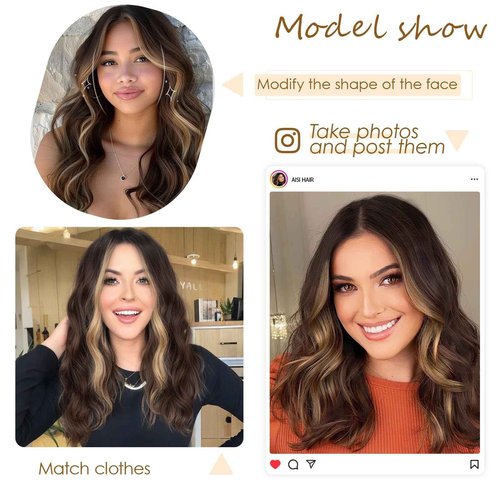 AISI HAIR Brown Mix Blonde Wig for Women Medium Length Wave Curly Glueless Synthetic Heat Resistant Hair Wigs for Daily Party Cosplay