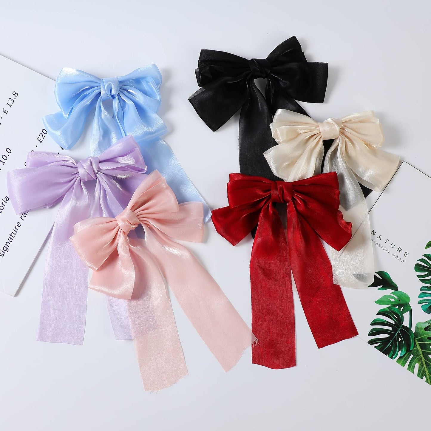 Loozykit 6PCS Silky Satin Hair Bow Clips for Women French Hair Ribbon for Girls Large Hair Barrettes Big Bowknot Hairpin Plain Soft Long Tail Cute Metal Holding Hair Accessories