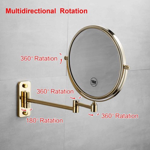 AIREMOEN Gold 1x10x Double Sided Magnifying Bathroom Makeup Mirror 360 Degree Swivel Mirror Adjustable Telescopic Arm Wall Mount 8 Inch Non-Illuminated Beauty Mirror Shaving Mirror（Square Base）