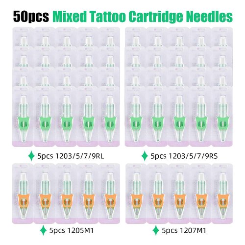 50pcs Mixed Tattoo Cartridge Needles, ATOMUS Assorted Disposable Tattoo Needle 3RL 5RL 7RL 9RL 3RS 5RS 7RS 9RS 5M1 7M1 for Tattoo Machine (Green)