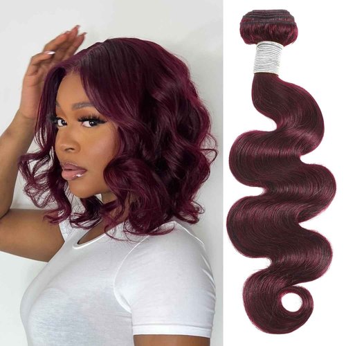 ALHER 99j Color Human Hair Bundles Body Wave, 12A Dark Burgundy Wine Red Colored Bundles Human Hair, 100% Unprocessed Virgin Remy Hair Soft Thick Single Wavy Bundle Sew In Double Weft 10 Inch