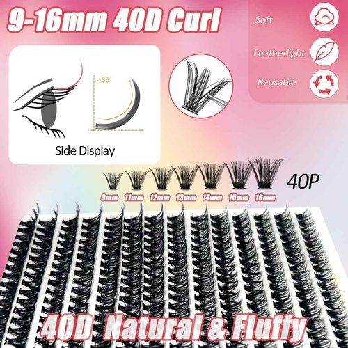 DIY Lash Extension Kit with 280 PCS 9-16mm 40D Lashes Clusters 200ml/6.7fl.oz Lash Cleanser Eyelash Shampoo Mini USB Portable Lash Fan Bond and Seal Remover Eyeliner Eyelid Cleaning Brush
