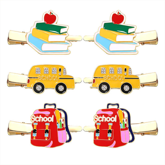 Back to School Hair Clips,Cute Schoolbag Book Hair Clips School Bus Hairpins Back-to-school Gifts Fun Hair Accessories for Teacher Students (3Pairs back to school hair clips)