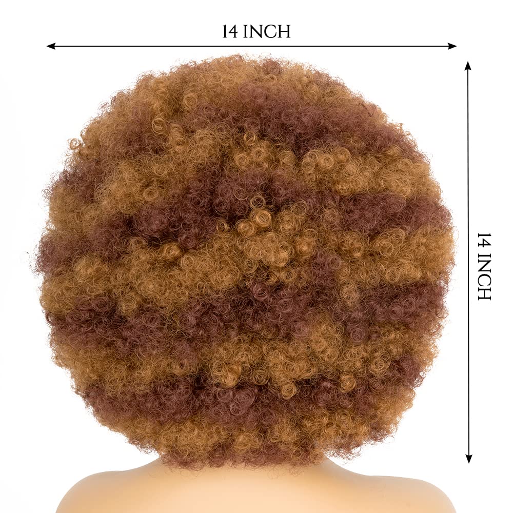 70's Afro Wig for Women, Mixed Brown Short Afro Kinky Curly Wig, Glueless Synthetic Wig with Bangs, Puffy & Fluffy Bouncy Afro Wig for Daily Cosplay Party