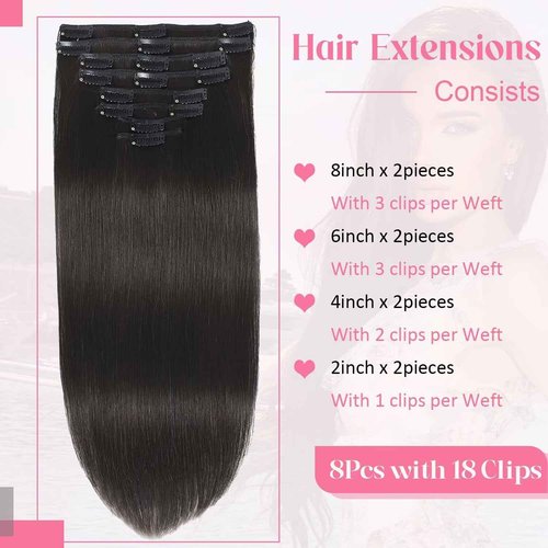 Tebelove Clip in Hair Extensions Real Human Hair 3.6oz/100g Clip ins 100% Brazilian Remy Human Hair Extension for Women 8pcs Per Set with 18 Clips Double Weft (18 Inch #1B Natural Black)