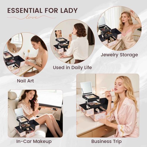 Costravio Makeup Case Train Case Portable Makeup Box with Mirror Lock Box Travel Cosmetic Train Cases Hard Make Up Organizer for Girls Nail Craft Storage Vanity Rose Gold Flower