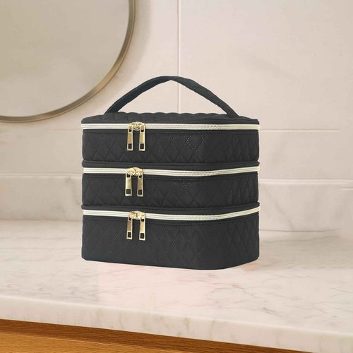 Apxouans Travel Makeup Bag for Women Three Layer Large Cosmetic Case Water-resistant Toiletry Bag Organizer for Store Toiletries Cosmetic Accessories and Manicure Sets Black