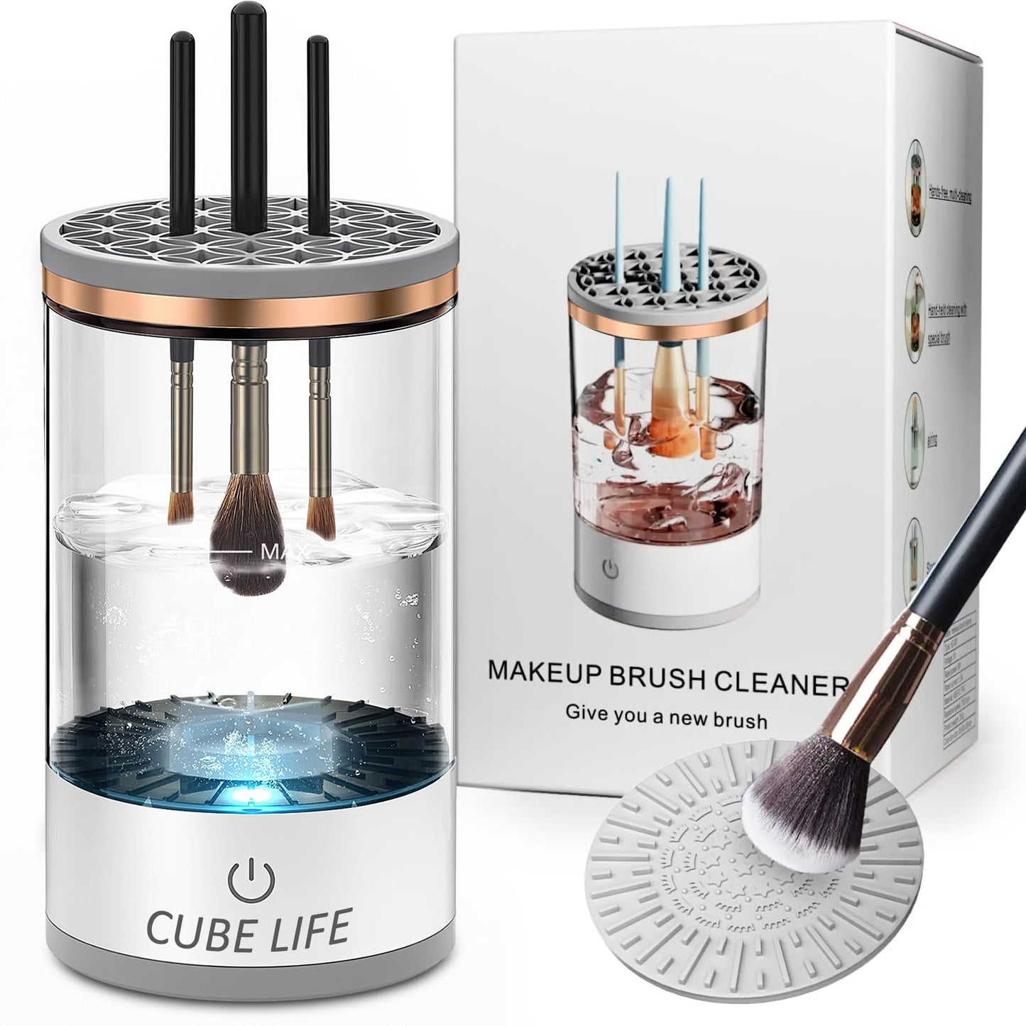 CUBE LIFE Electric Makeup Brush Cleaner, Fast Makeup Brush Cleaner Machine with Makeup Brush Cleaning Mat, Beauty Blender Cleaners for All Size Makeup Brush, Great Gift for Like Makeup Friends