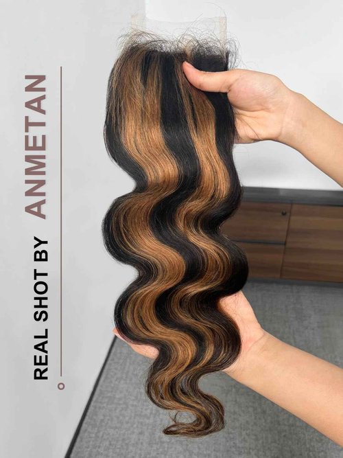 ANMETAN Honey Blonde Highlight 4x4 Closure Body Wave Human Hair, Balayage Colored F1B/30 Black with Brown 12A Remy Hair 4x4 HD Transparent Lace Closure Pre-plucked Free Part Natural Hairline 14 Inch
