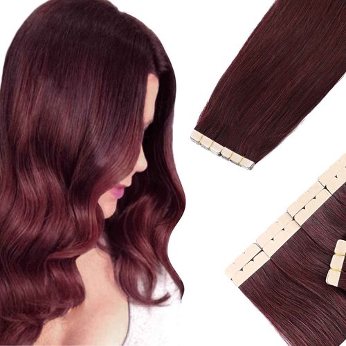 Benehair Red Tape-in Hair Extensions, 18" Human Hair, 20pcs, 50g/pack, Straight, Seamless Skin Weft, Natural, Wine Red