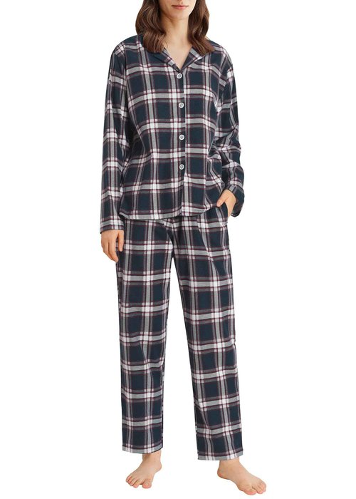 Latuza Women's Petite Flannel Pajama Set Soft Cotton Button Up PJs Set S Navy & White