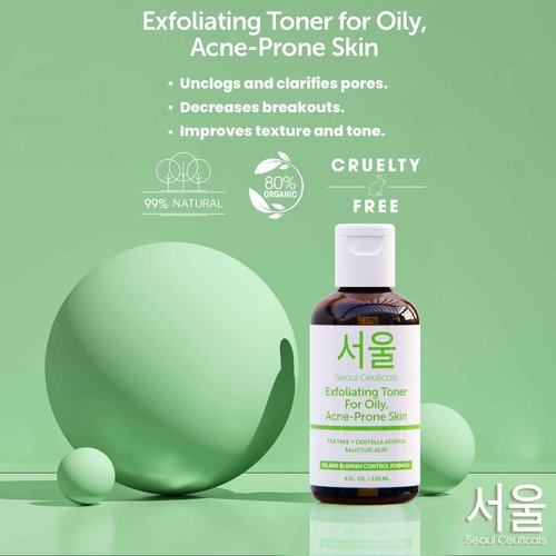 SeoulCeuticals Korean Toner for Oily Acne Prone Skin – Korean Skin Care Tea Tree Toner for Face – Facial Toner Centella Asiatica, Salicylic Acid. 4 FL OZ