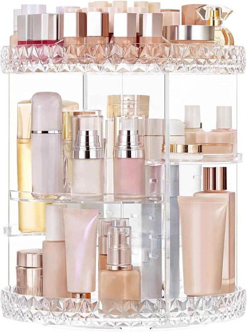 HBlife Extra Large 360 Rotating Makeup Organizer Adjustable Carousel Diamond Large Capacity Revolving Perfume Organizer Skincare Organizers Cosmetic Storage Spinning Holder for Vanity, Clear