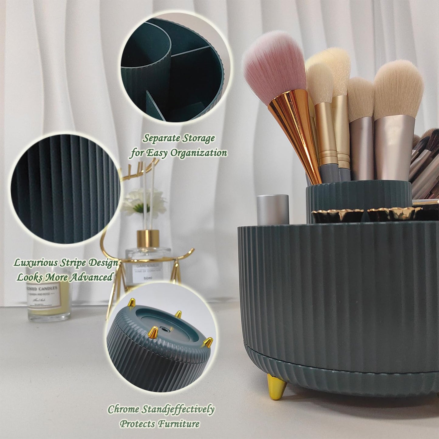 Cendray 360 Rotating Makeup Brush Holder, Makeup Desk Organizer with 5 Slots Cosmetic Brushes Storage,Makeup Organizer for Vanity, Bedroom Decor, Bathroom Organizer (Green)