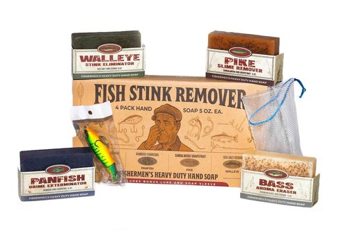 Fishermen’s 4 Pack Soap Gift Set – Great Smelling Heavy Grit Hand and Body Soap for Fishermen & Boaters – Includes Topwater Fishing Lure & Sleeve – Unique Fishing Gift for Men Who Love to Fish