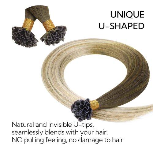 HOTBANANA U Tip Hair Extensions Human Hair, 16 Inch 50g 50s Ombre Walnut Brown to Ash Brown and Bleach U Tip Extensions Hot Fusion Keratin Utip Hair Extensions Straight K Tip Hair Extensions