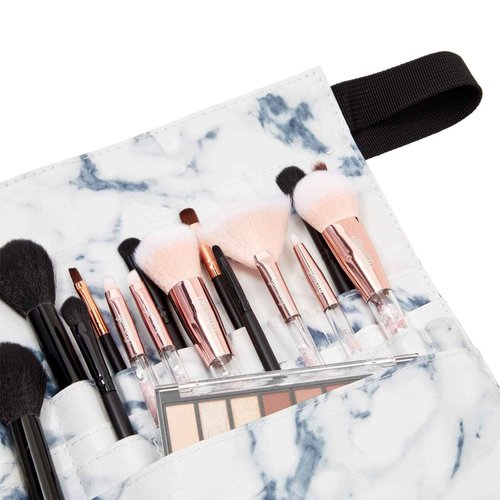 Glamlily Makeup Brush Belt with 22 Pockets Design for Tools & Accessories - PU Leather Cosmetic Apron - Portable Compact Brush Belt - 10.2 x 9.7 x 2 in, White, Faux Leather