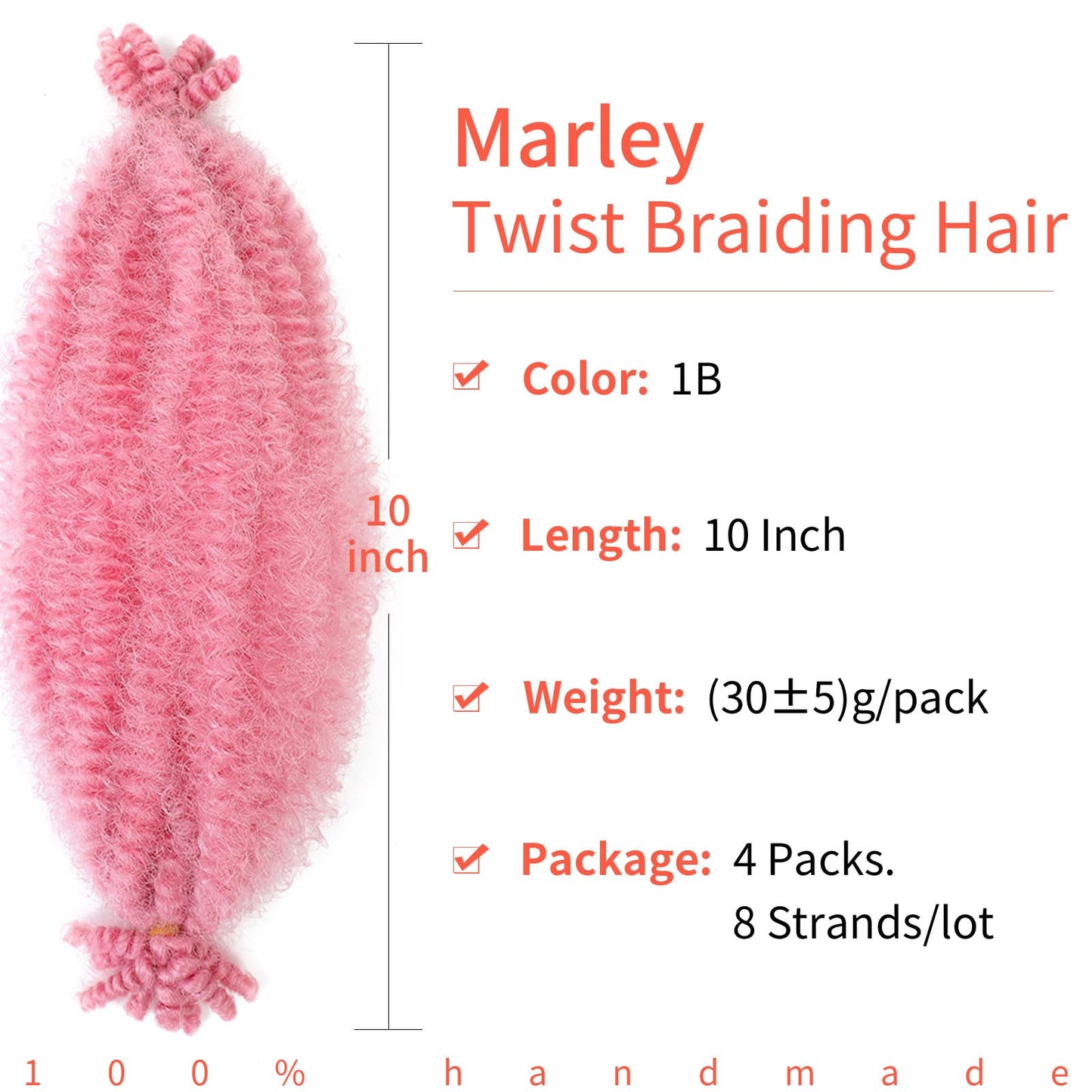 Pink Marley Twist Braiding Hair, 10 Inch 4 Packs Soft Springy Afro Kinky Twist Hair For Braiding,Pre-Stretched Pre-Fluffed Spring Twist Hair（10in,4packs,Pink#)