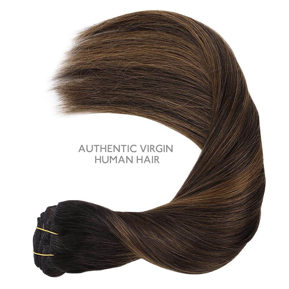 WENNALIFE 14 Inch Clip-In Balayage Hair Extensions - 120g Real Human Hair, Dark Brown to Chestnut Brown Color