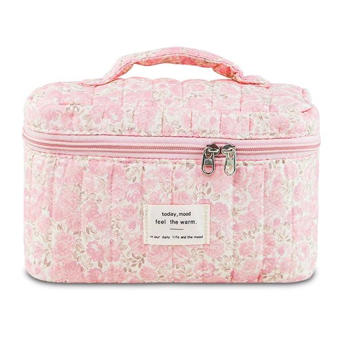 GISMTR Makeup Bag, Floral Quilted Cosmetic Bag, Large Travel Aesthetic Make up Bag, Cute Coquette Toiletry Bag for Women Girls