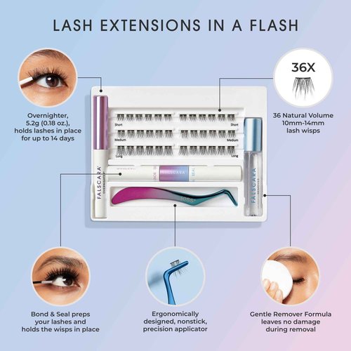 FALSCARA False Eyelash Clusters Special All Inclusive Starter Kit, Bond & Seal, Precision Applicator, Overnighter & Remover, 36 Lengthening 10mm-14mm Sporty Rounded Natural Volume Lash Extension Wisps