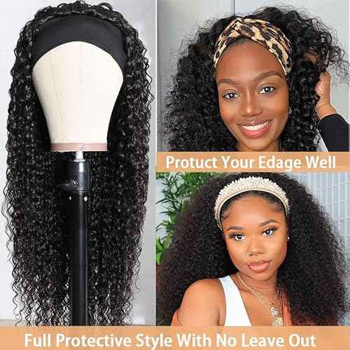 Headband Wig Human Hair Curly Wigs for Black Women 22 inch Wigs Human Hair Glueless Wear and Go None Lace Front Wig Headband Wigs Machine Made 180% Density Natural Color