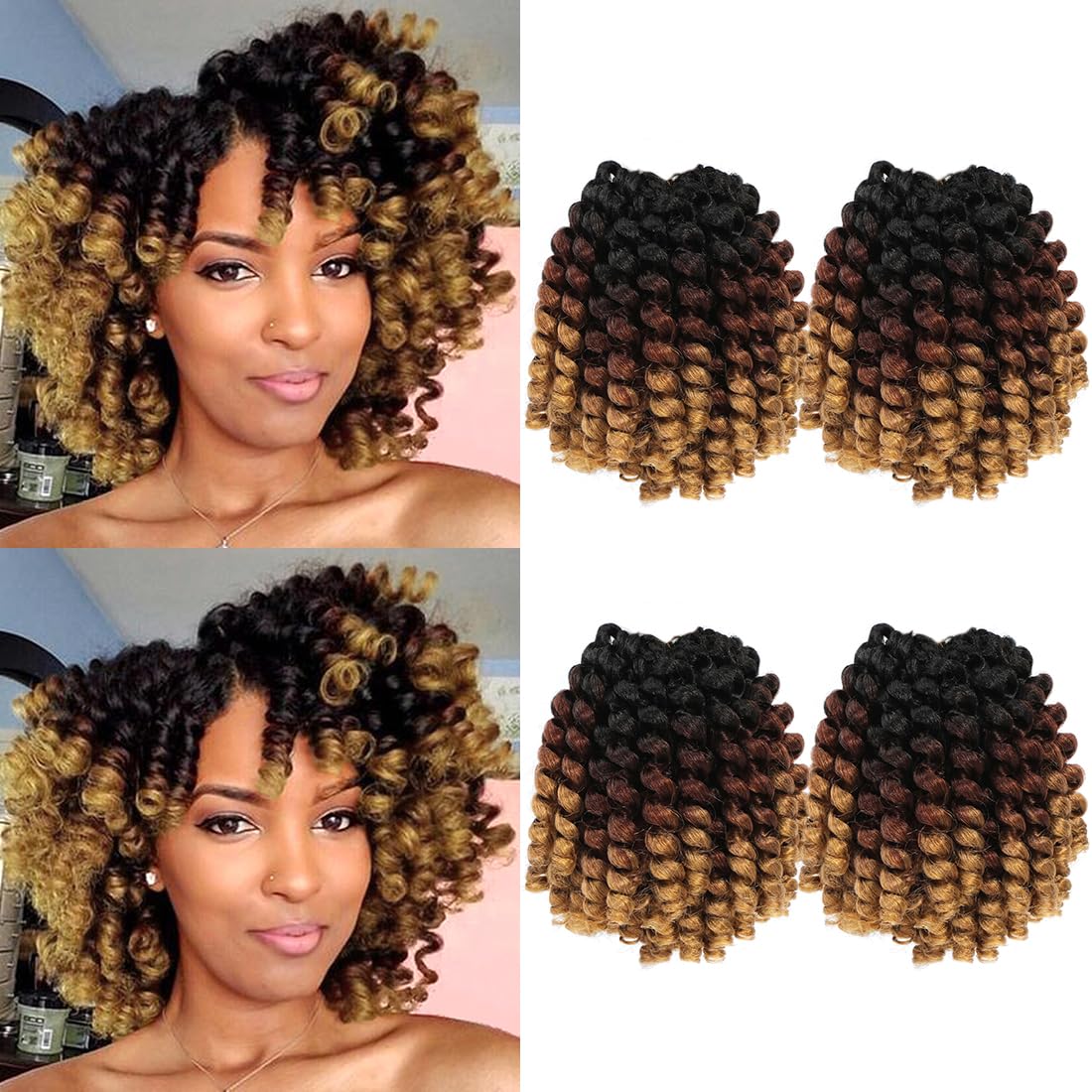 GetMaige Jamaican Bounce Crochet Hair For Black Women 4packs 72 Roots Natural Black Jumpy Wand Curls Crochet Hair Short Pre Looped Curly Crochet Hair (8inch（pack of 4), 1B/30/27)