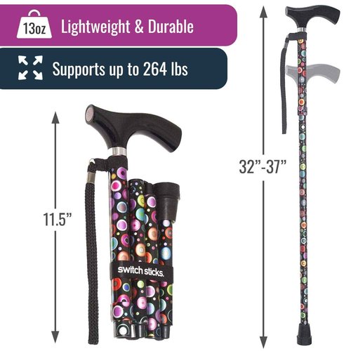 Switch Sticks Walking Cane for Men or Women, Foldable and Adjustable from 32-37 Inches, FSA and HSA Eligible, Bubbles