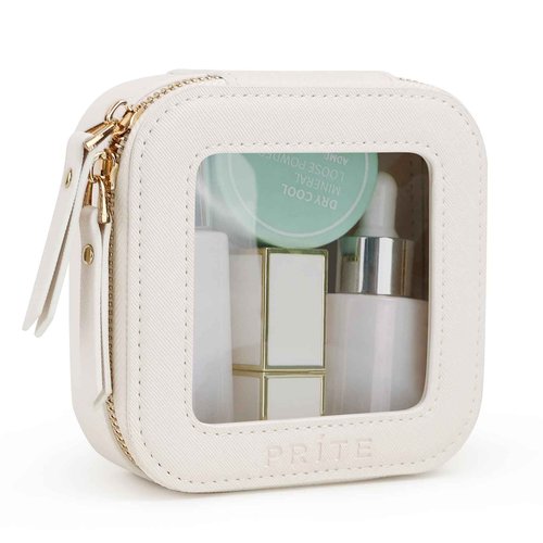 Prite Small Makeup Bag for Women Portable Clear Makeup Bag Cute Mini Waterproof Travel Cosmetic Bag with Gold Zipper for Car Essentials(Beige)