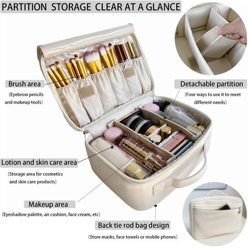 MKPCW Multifunctional Travel Makeup Bag Cosmetic Organizer with Removable Dividers, Brush Holder & Luggage Strap – Waterproof Large Capacity Toiletry Pouch for Women, Gym, Daily Use (White)
