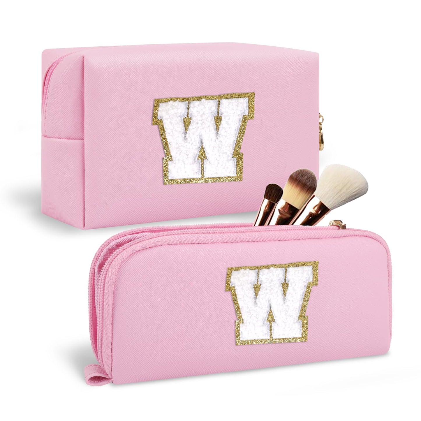 2Pack Personalized Initial Letter Patch Makeup Bag,Pink Preppy Cosmetic Bag with Small Makeup Brush Bag,Cute Waterproof PU Travel Toiletry Pouch,Gift Ideal for Her Birthday Friend Mom Teacher,Letter W